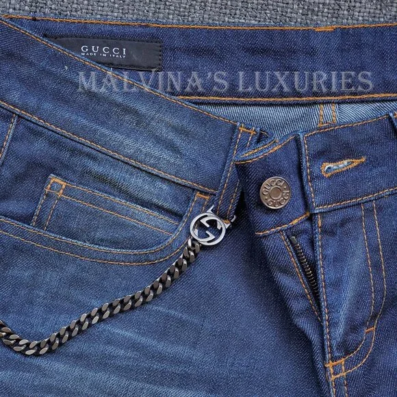 GUCCI JEANS FLARED DENIM PANTS w INTERLOCKING G LOGO CHAIN HARDWARE sz 42 / US 6 - Picture 8 of 14